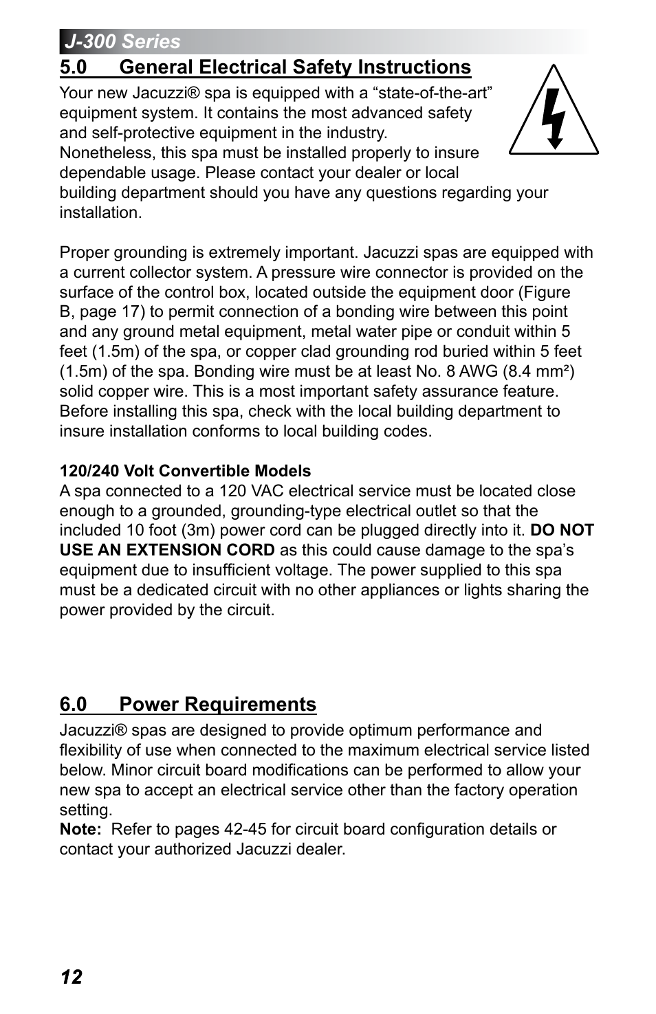 0 general electrical safety instructions, 0 power requirements | Jacuzzi J - 375 User Manual | Page 16 / 60