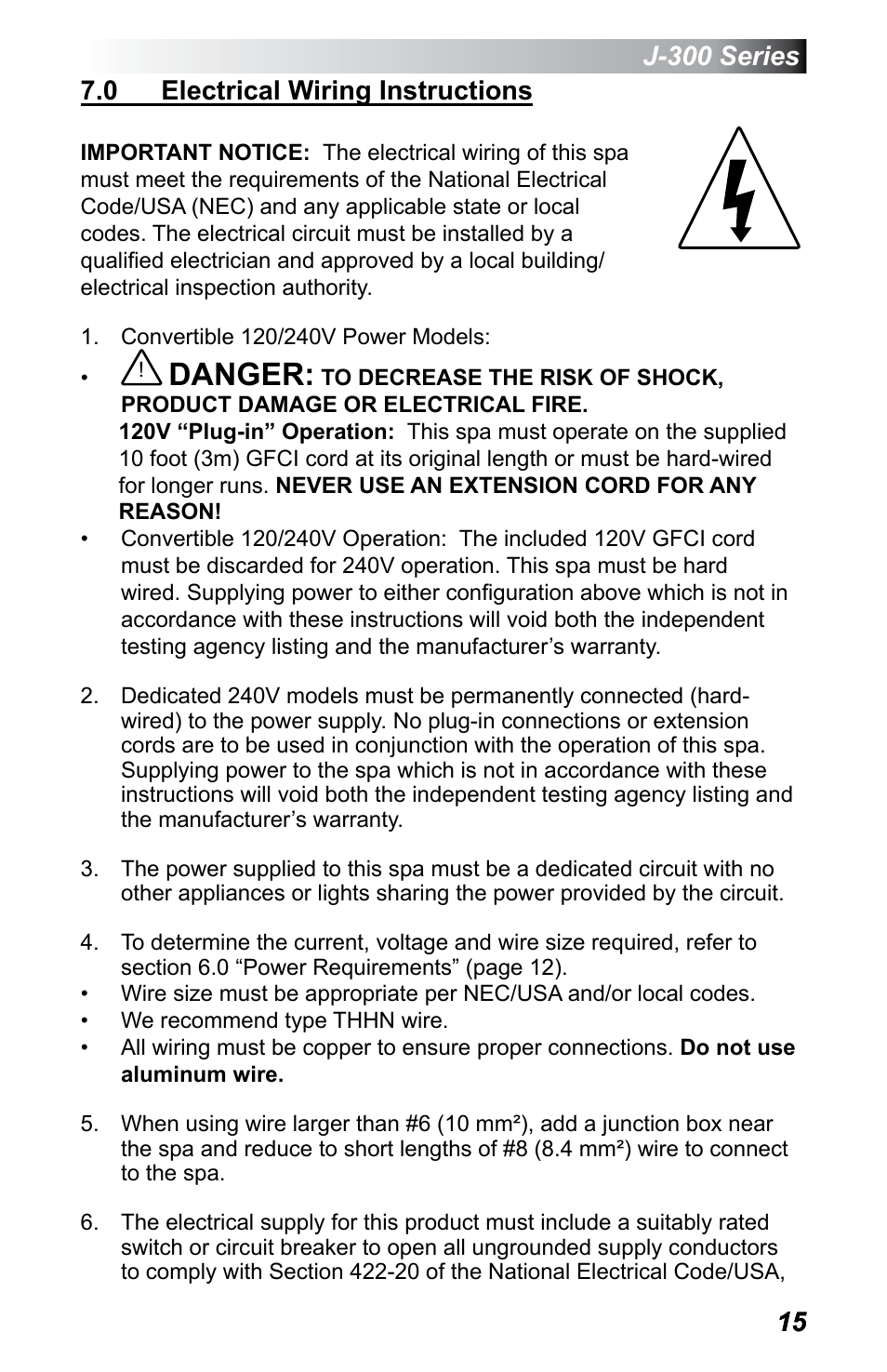 0 electrical wiring instructions, Danger | Jacuzzi J - 375 User Manual | Page 19 / 60