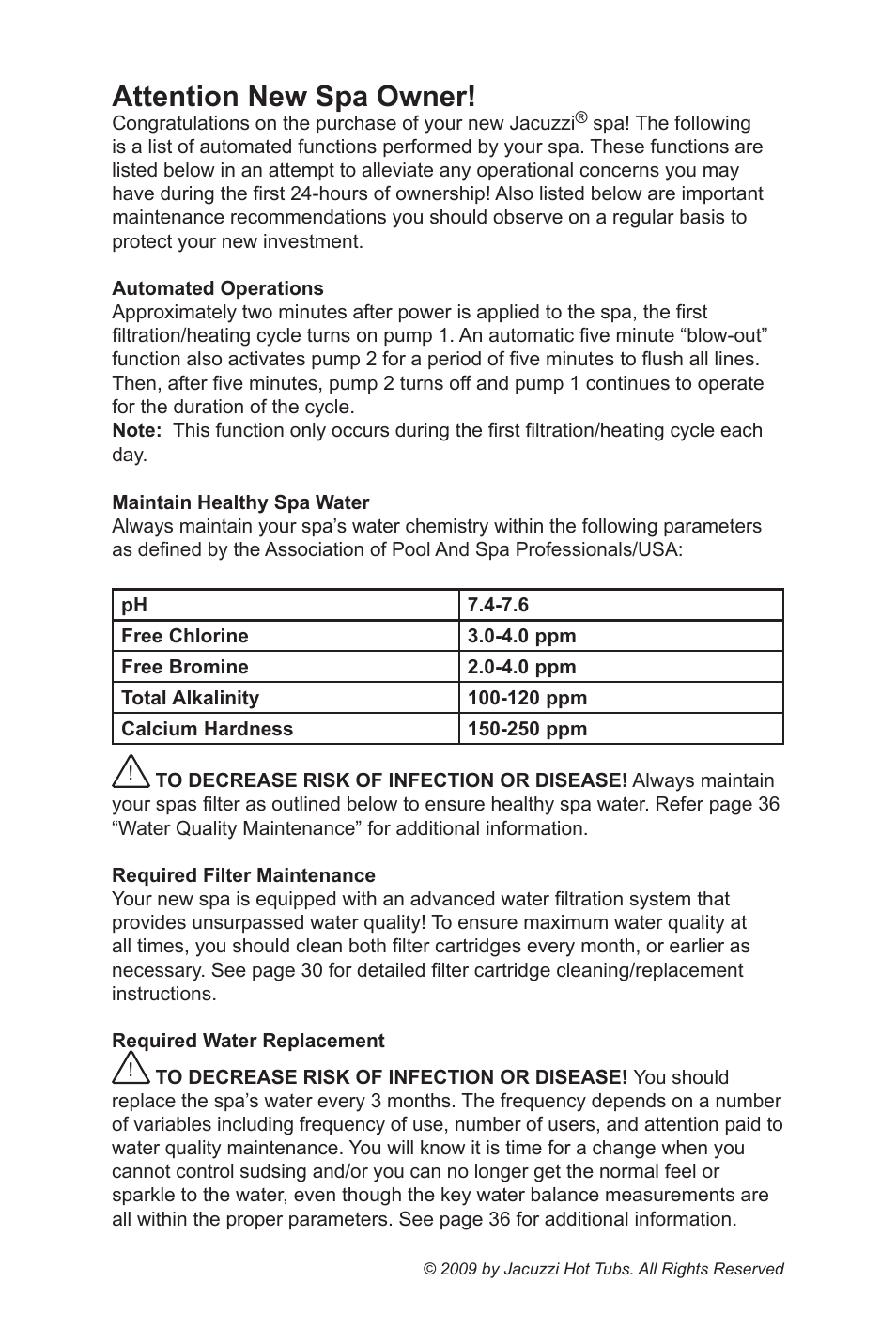Attention new spa owner | Jacuzzi J - 375 User Manual | Page 2 / 60