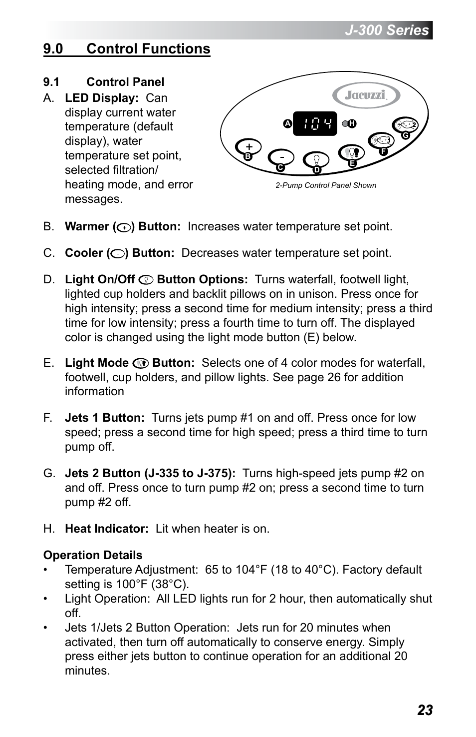 0 control functions, 1 control panel, Control panel | Jacuzzi J - 375 User Manual | Page 27 / 60