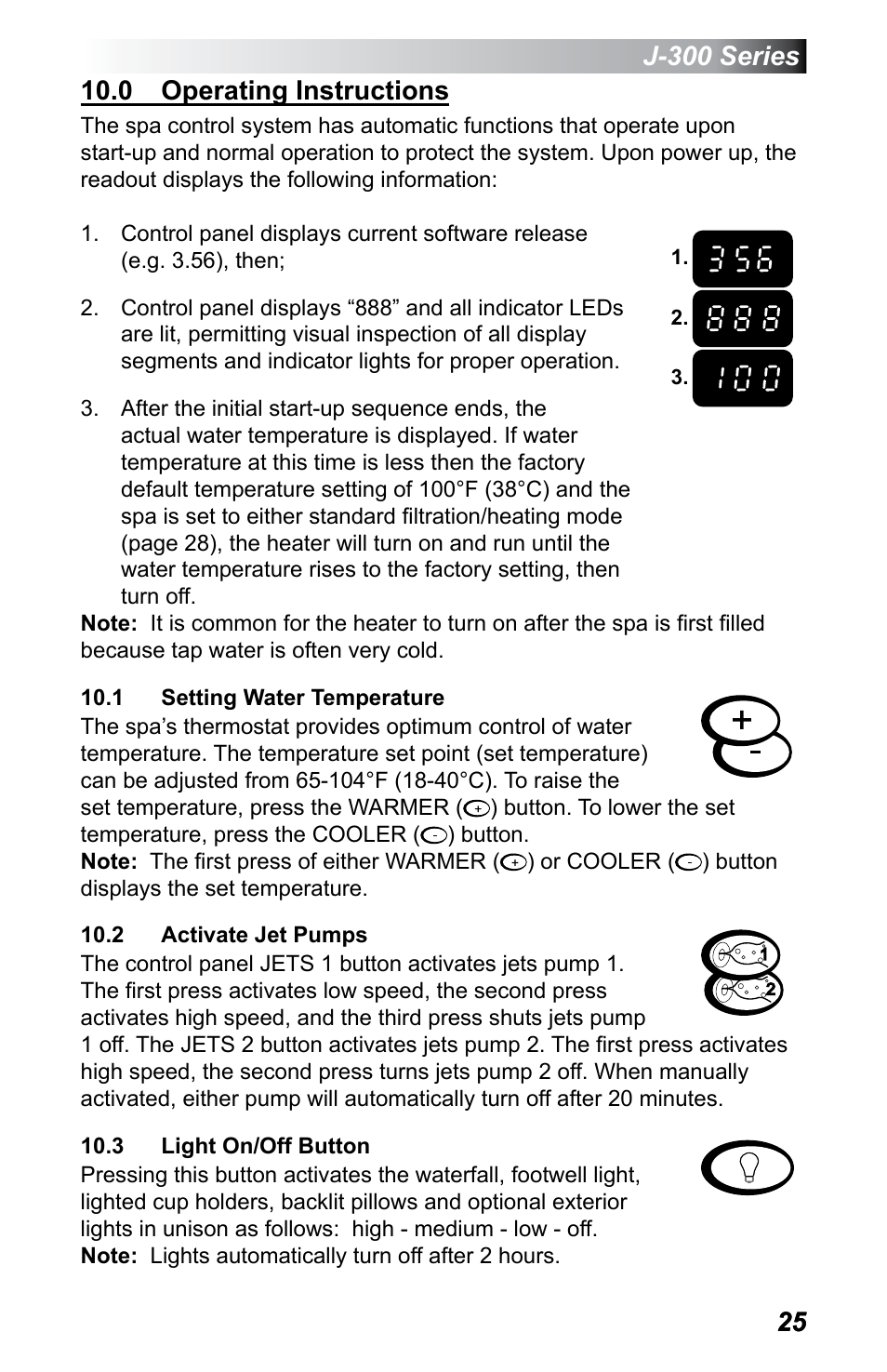 0 operating instructions, 1 setting water temperature, 2 activate jet pumps | 3 light on/off button | Jacuzzi J - 375 User Manual | Page 29 / 60