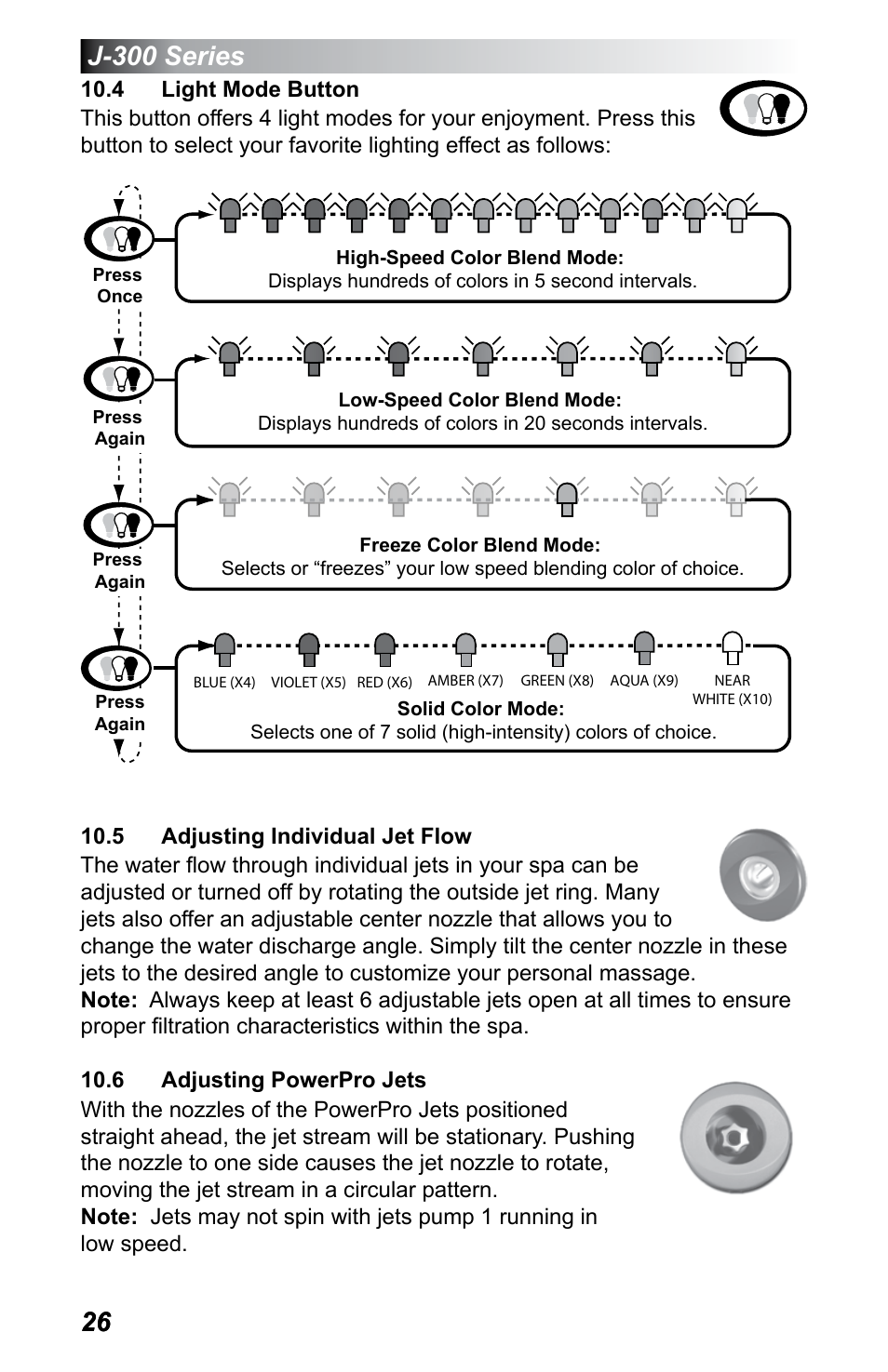 4 light mode button, 5 adjusting individual jet flow, 6 adjusting powerpro jets | Jacuzzi J - 375 User Manual | Page 30 / 60