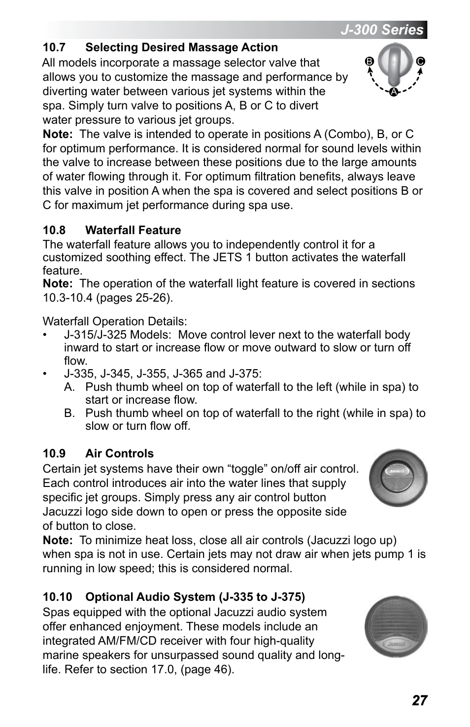 7 selecting desired massage action, 8 waterfall feature, 9 air controls | 10 optional audio system (j-335 to j-375), J-300 series | Jacuzzi J - 375 User Manual | Page 31 / 60