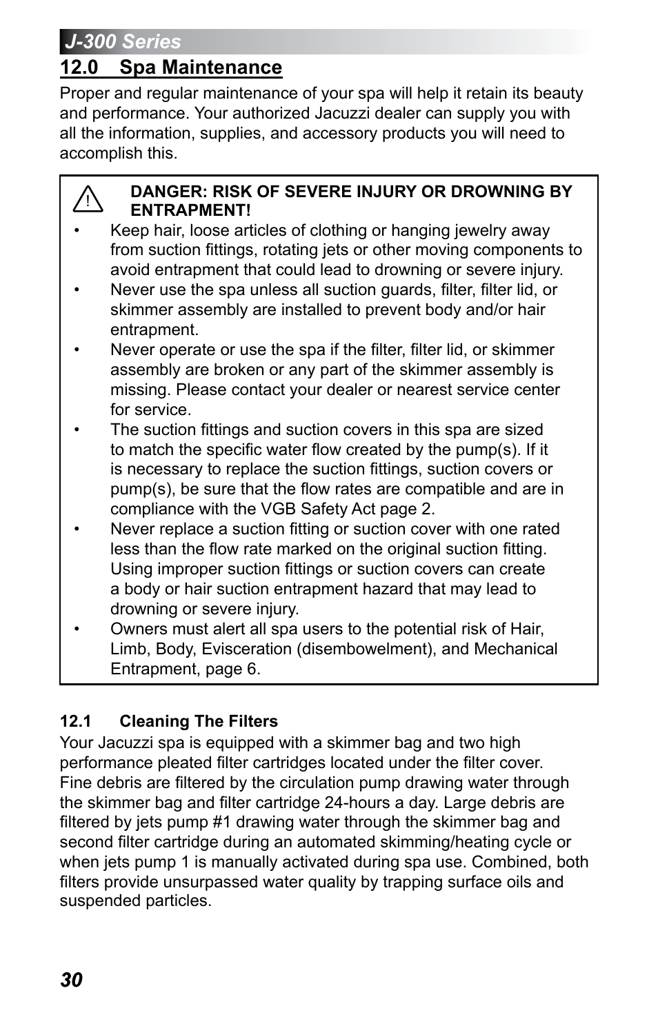 0 spa maintenance, 1 cleaning the filters | Jacuzzi J - 375 User Manual | Page 34 / 60