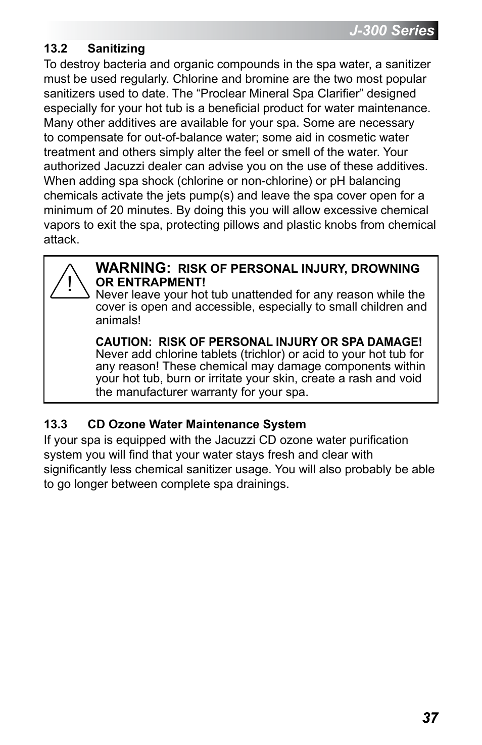2 sanitizing, 3 cd ozone water maintenance system | Jacuzzi J - 375 User Manual | Page 41 / 60