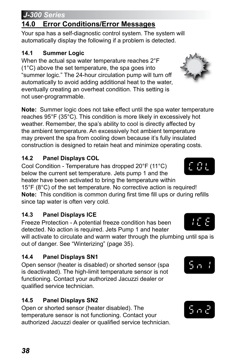 0 error conditions/error messages, 1 summer logic, 2 panel displays col | 3 panel displays ice, 4 panel displays sn1, 5 panel displays sn2 | Jacuzzi J - 375 User Manual | Page 42 / 60