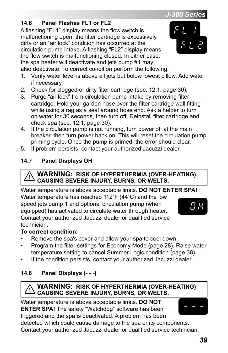 6 panel flashes fl1 or fl2, 7 panel displays oh, 8 panel displays (- - -) | J-300 series, Warning | Jacuzzi J - 375 User Manual | Page 43 / 60