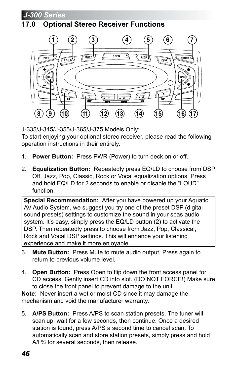 0 optional stereo receiver functions | Jacuzzi J - 375 User Manual | Page 50 / 60