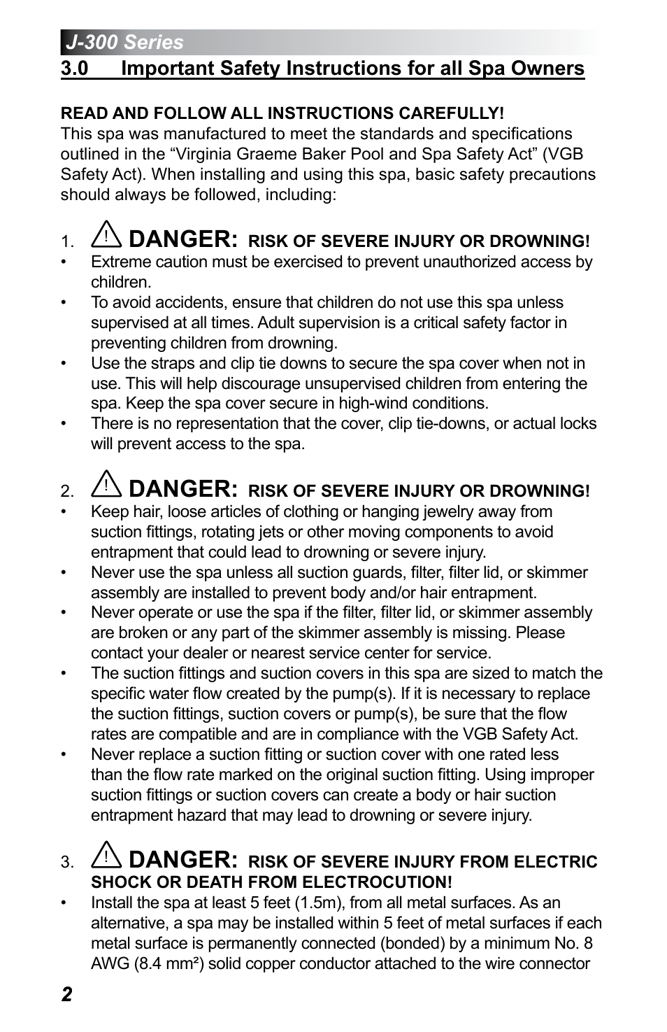 0 important safety instructions for all spa owners, Danger | Jacuzzi J - 375 User Manual | Page 6 / 60