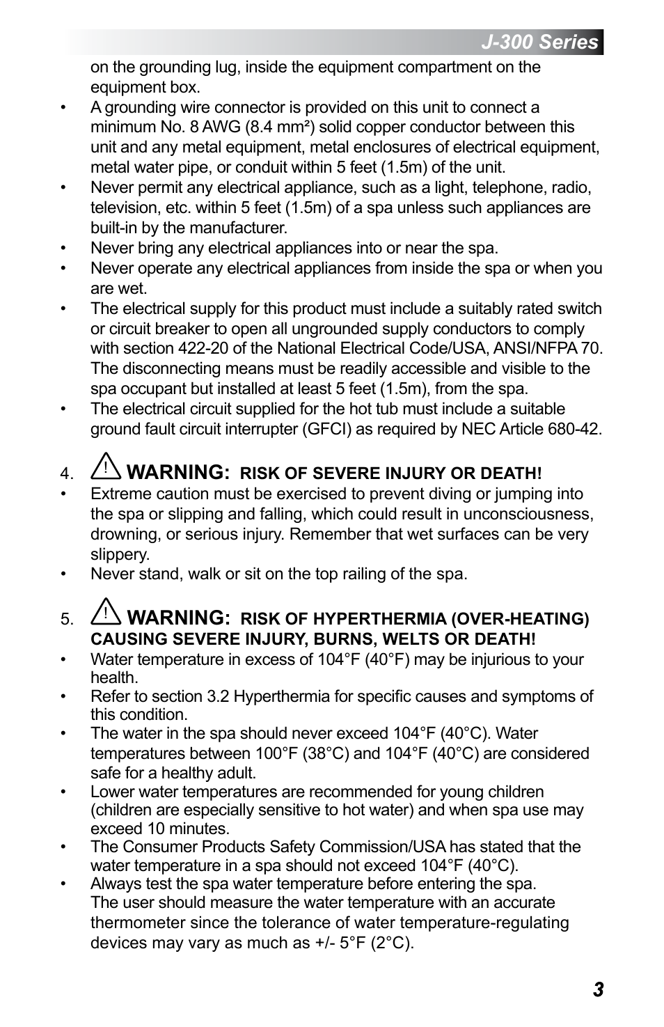 J-300 series, Warning | Jacuzzi J - 375 User Manual | Page 7 / 60