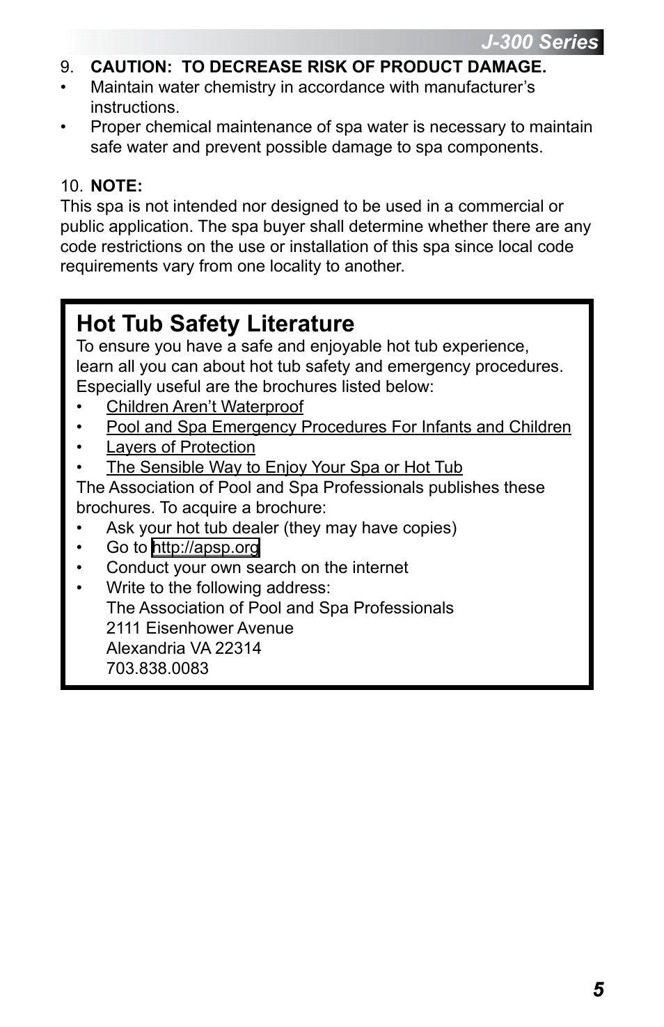 Hot tub safety literature, J-300 series | Jacuzzi J - 375 User Manual | Page 9 / 60