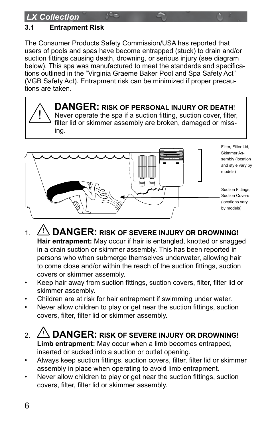 1 entrapment risk, Entrapment risk, Danger | Jacuzzi J - LXL User Manual | Page 10 / 68