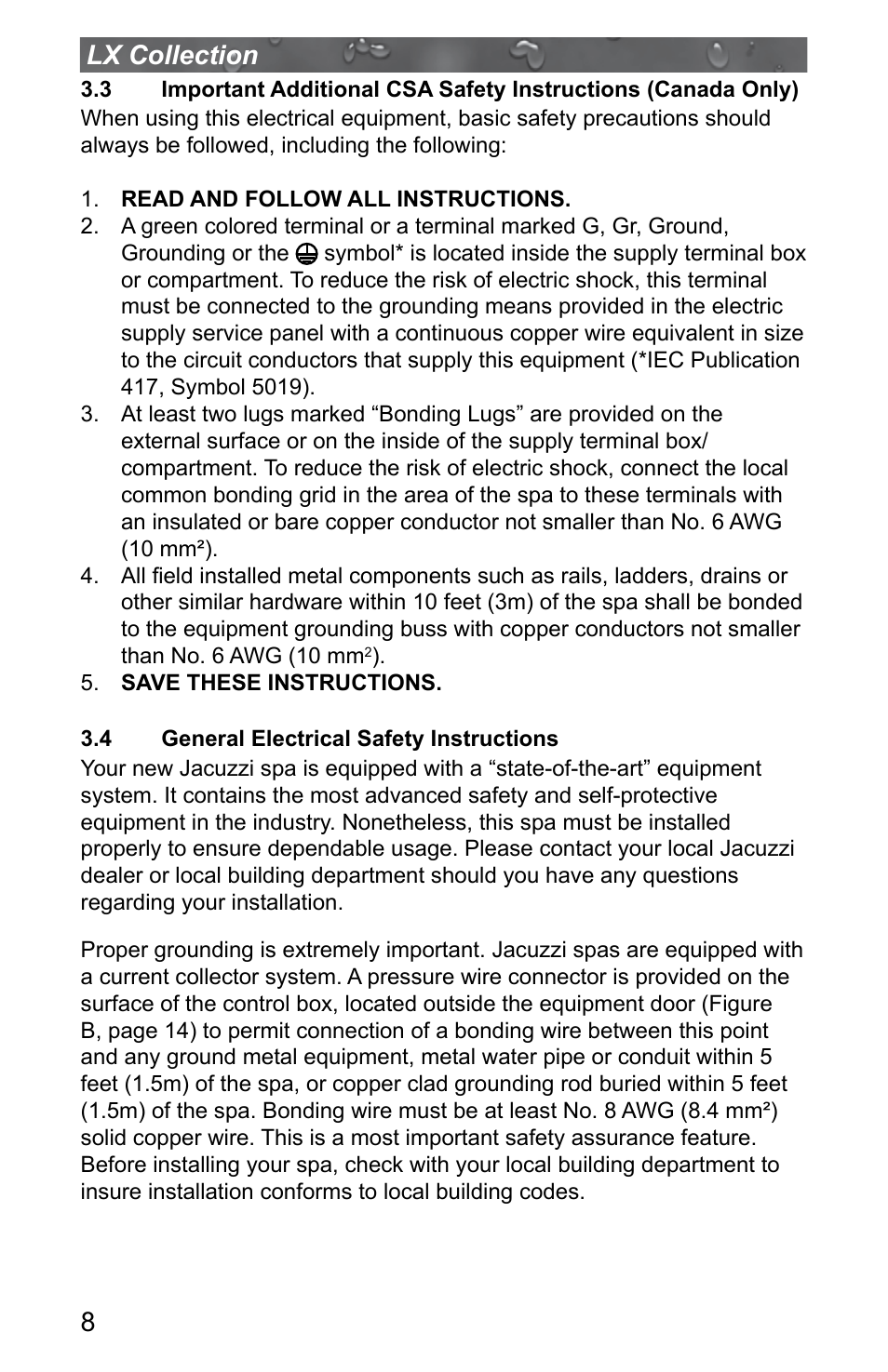 4 general electrical safety instructions, General electrical safety instructions, 8lx collection | Jacuzzi J - LXL User Manual | Page 12 / 68