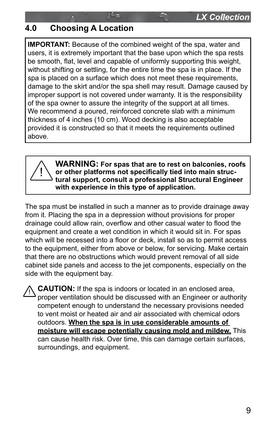 0 choosing a location | Jacuzzi J - LXL User Manual | Page 13 / 68