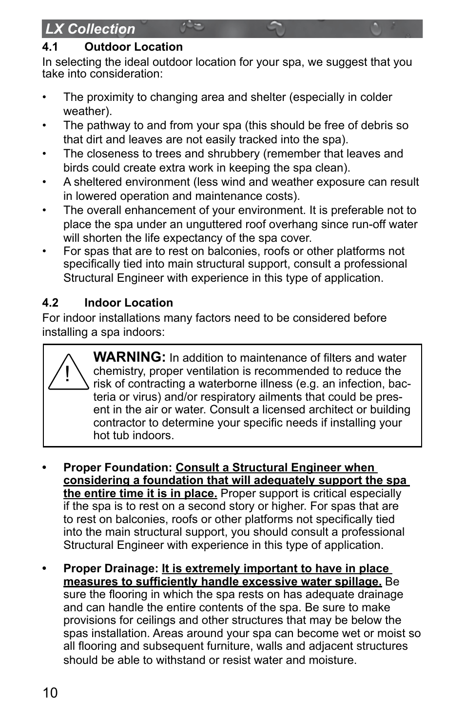 1 outdoor location, 2 indoor location, Outdoor location | Indoor location, 10 lx collection, Warning | Jacuzzi J - LXL User Manual | Page 14 / 68