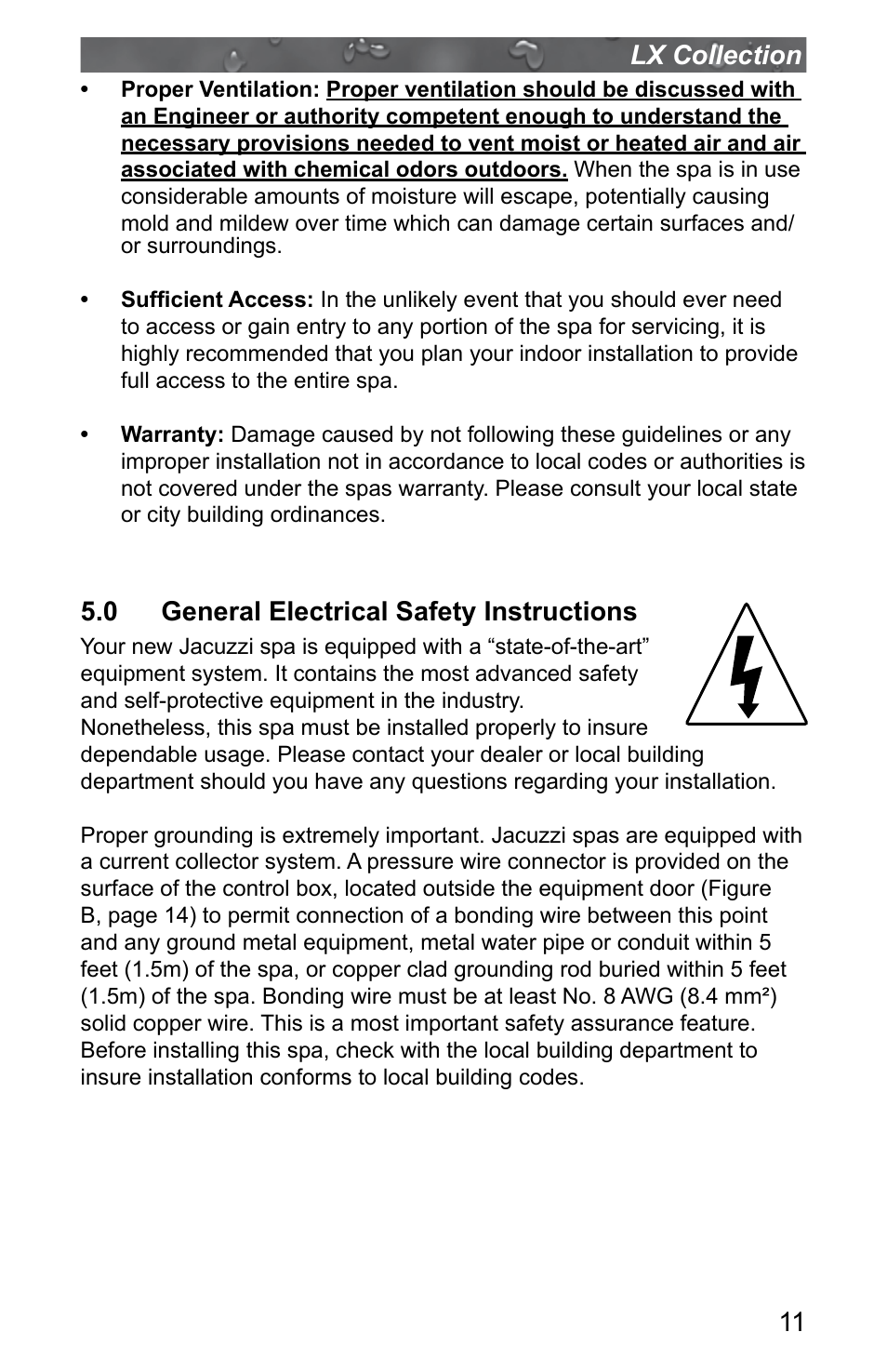 0 general electrical safety instructions, 11 lx collection | Jacuzzi J - LXL User Manual | Page 15 / 68