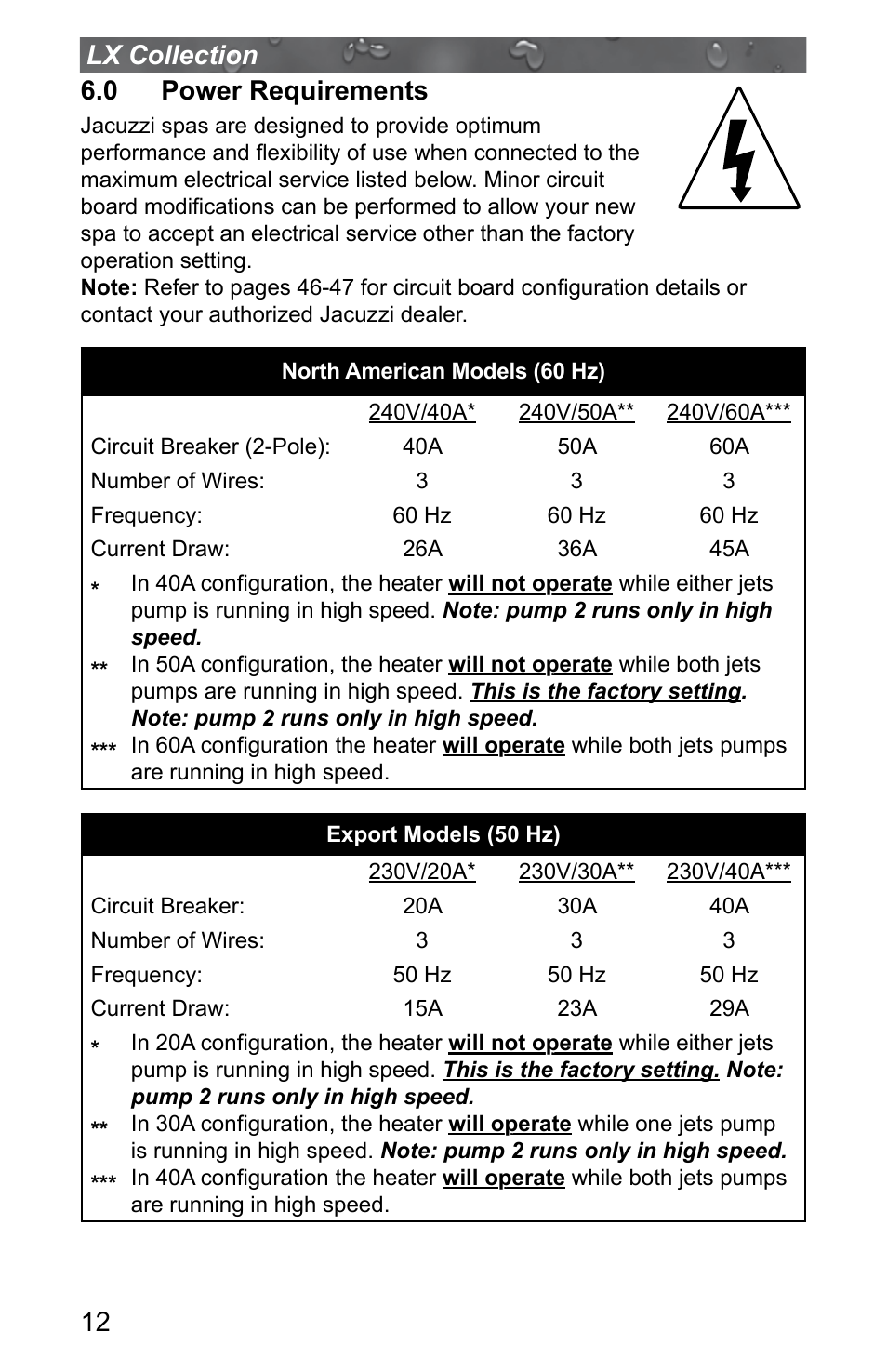 0 power requirements, 12 lx collection 6.0 power requirements | Jacuzzi J - LXL User Manual | Page 16 / 68