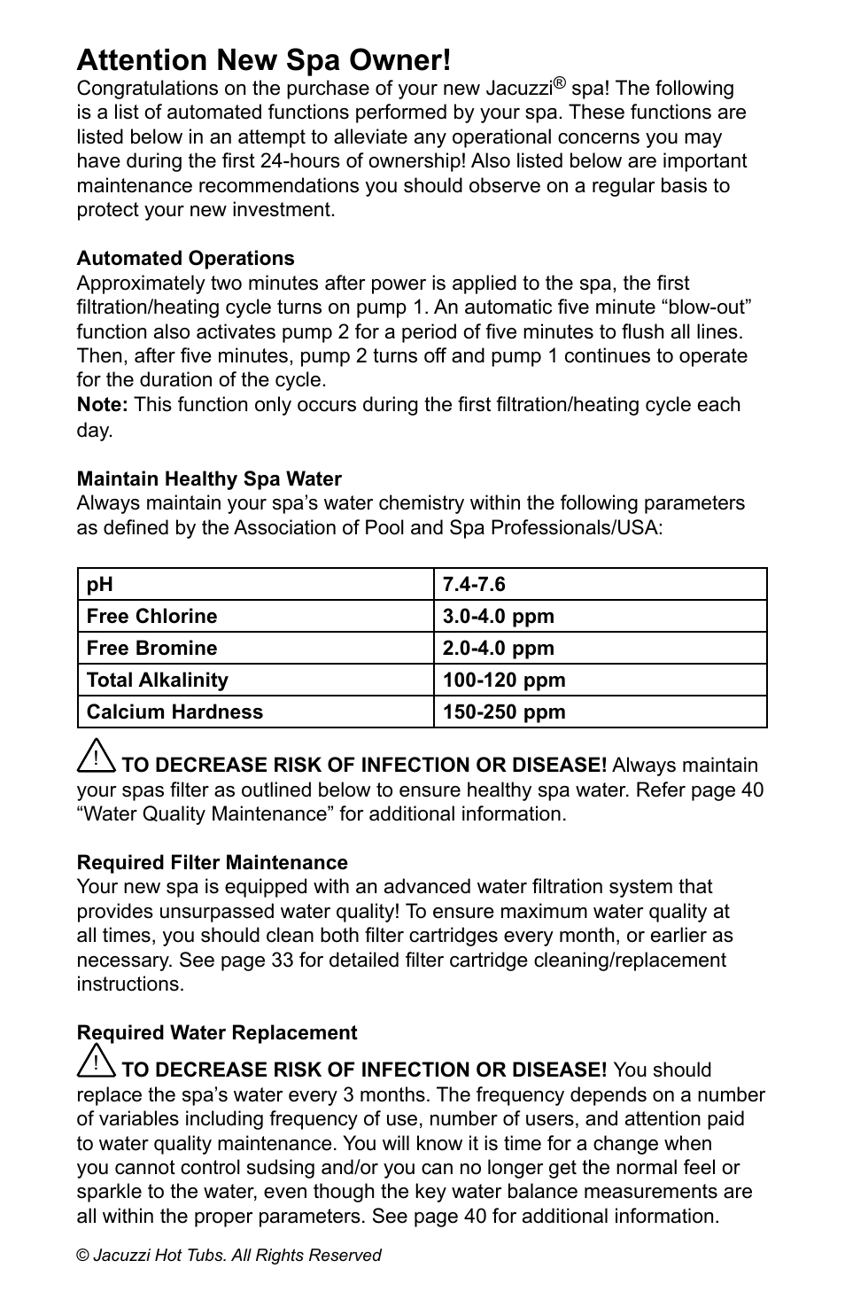 Attention new spa owner | Jacuzzi J - LXL User Manual | Page 2 / 68