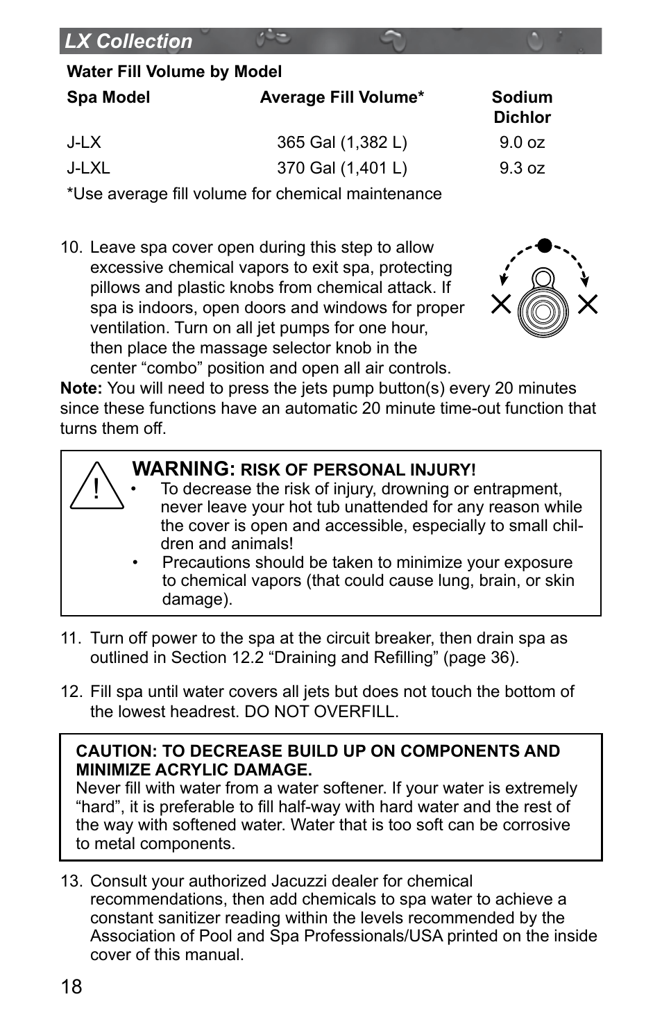 18 lx collection, Warning | Jacuzzi J - LXL User Manual | Page 22 / 68