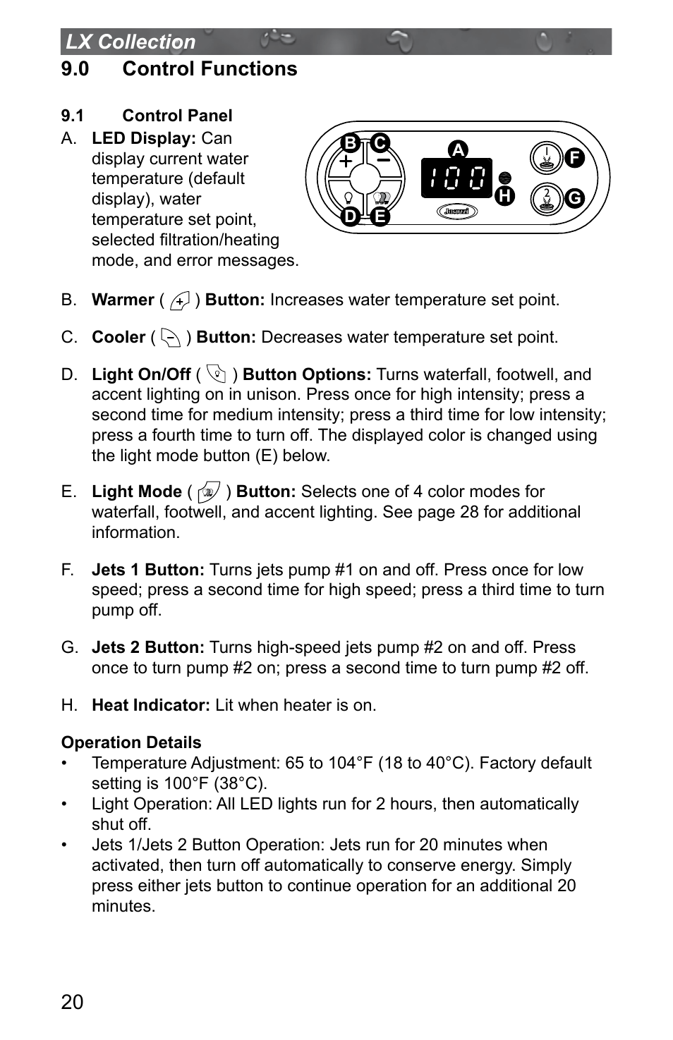 0 control functions, 1 control panel, Control panel | 20 lx collection 9.0 control functions | Jacuzzi J - LXL User Manual | Page 24 / 68