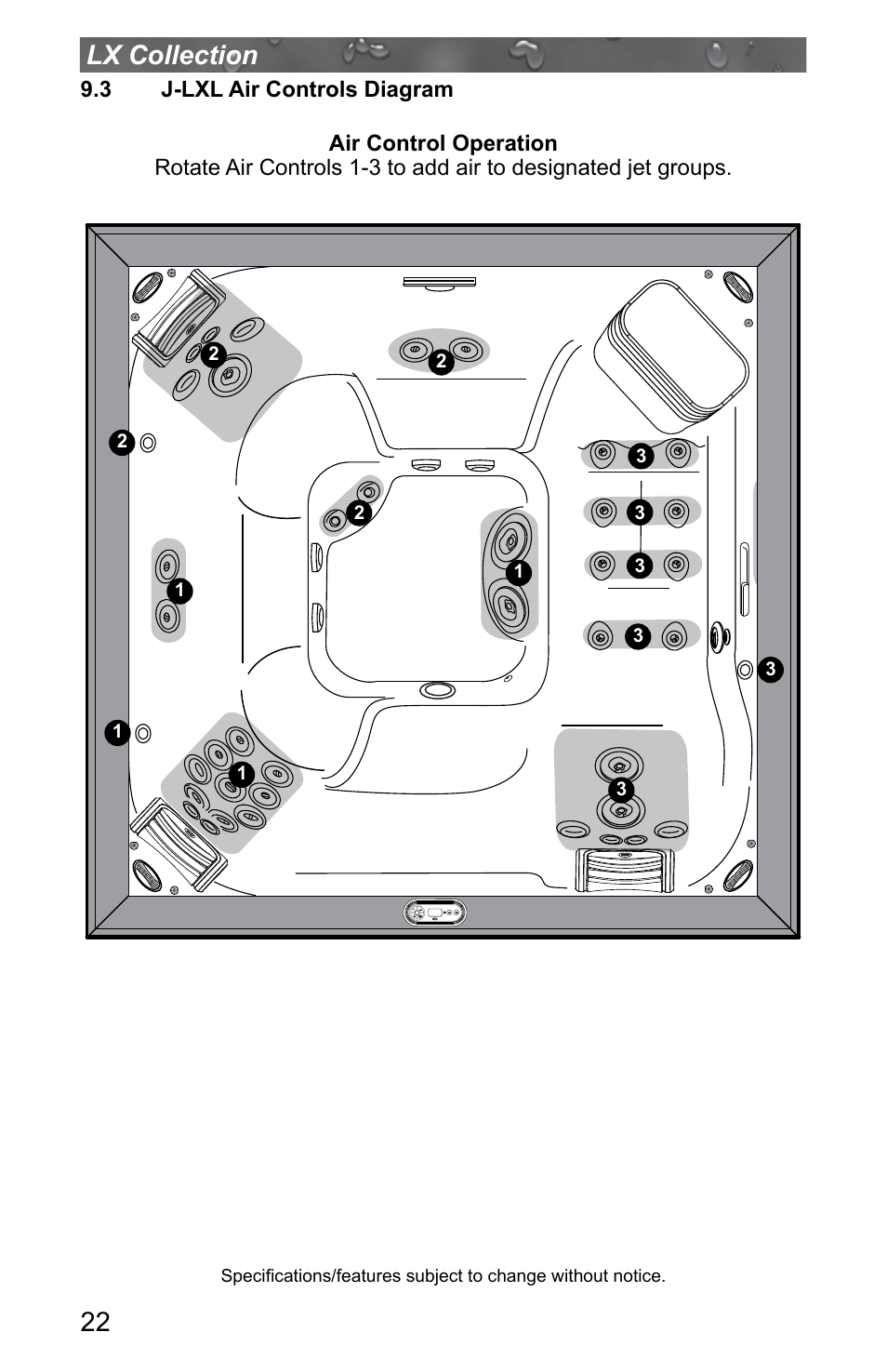 3 j-lxl air controls diagram, J-lxl air controls diagram, 22 lx collection | Jacuzzi J - LXL User Manual | Page 26 / 68