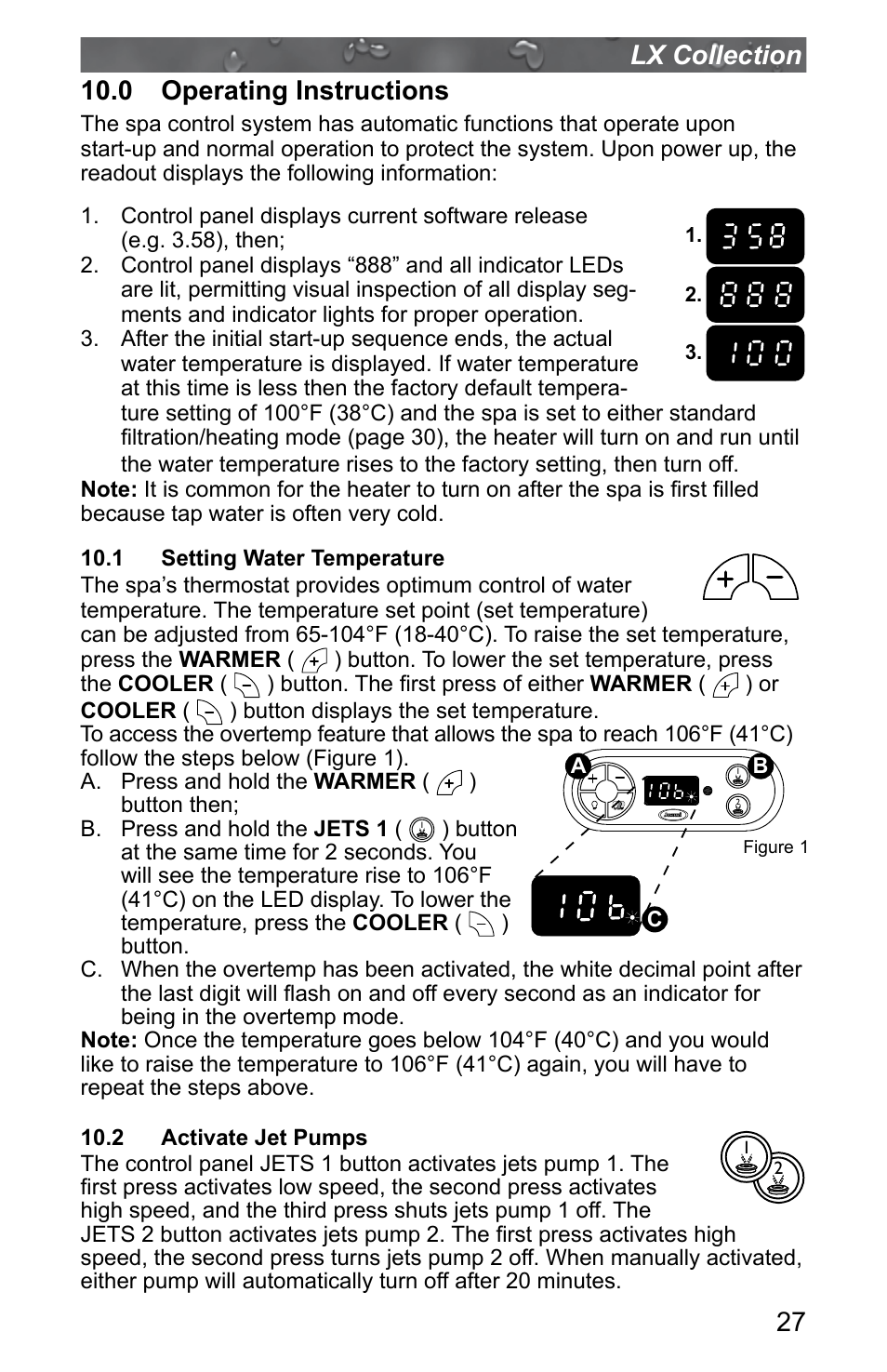 0 operating instructions, 1 setting water temperature, 2 activate jet pumps | Jacuzzi J - LXL User Manual | Page 31 / 68