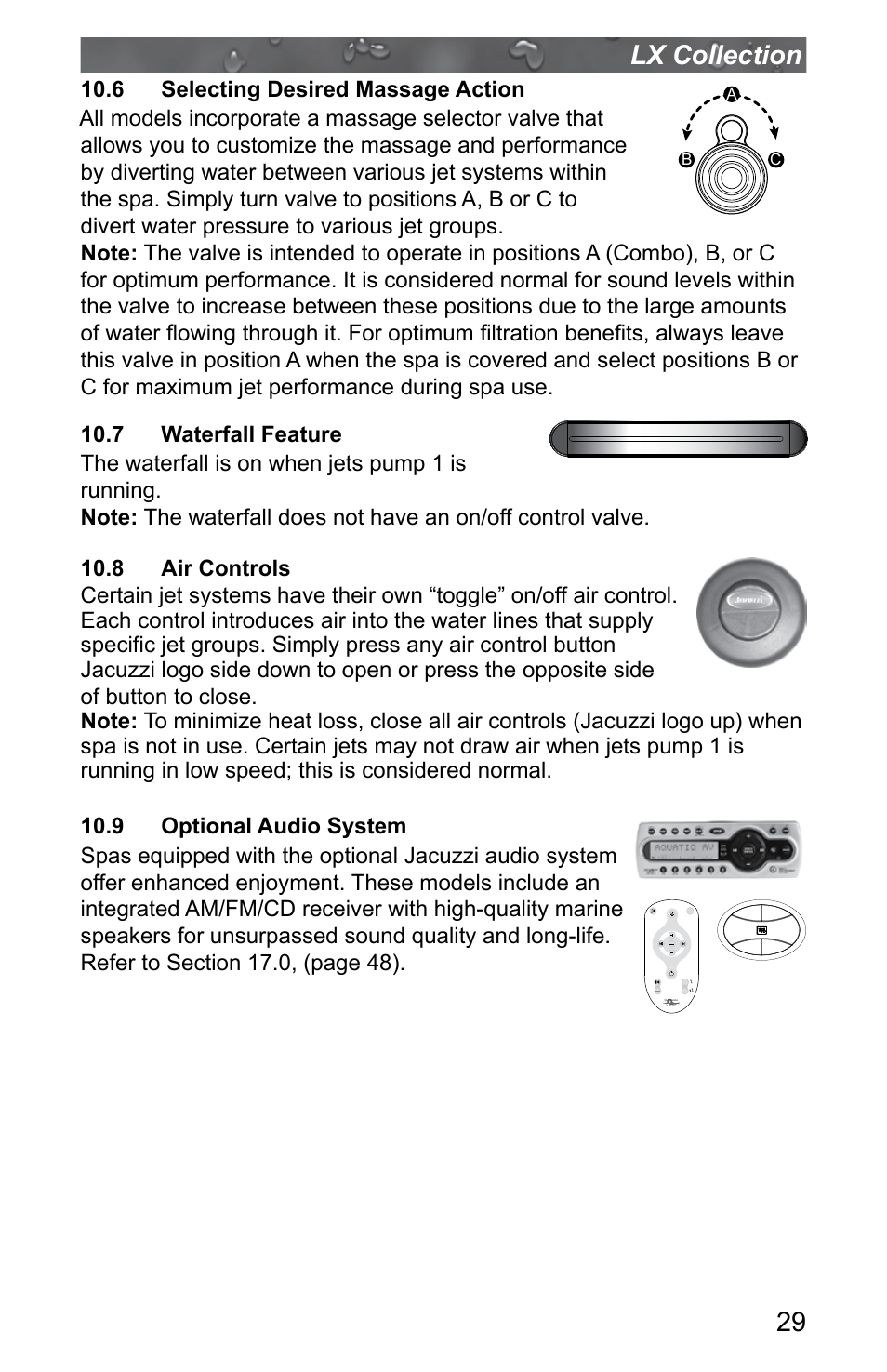 6 selecting desired massage action, 7 waterfall feature, 8 air controls | 9 optional audio system, 29 lx collection | Jacuzzi J - LXL User Manual | Page 33 / 68