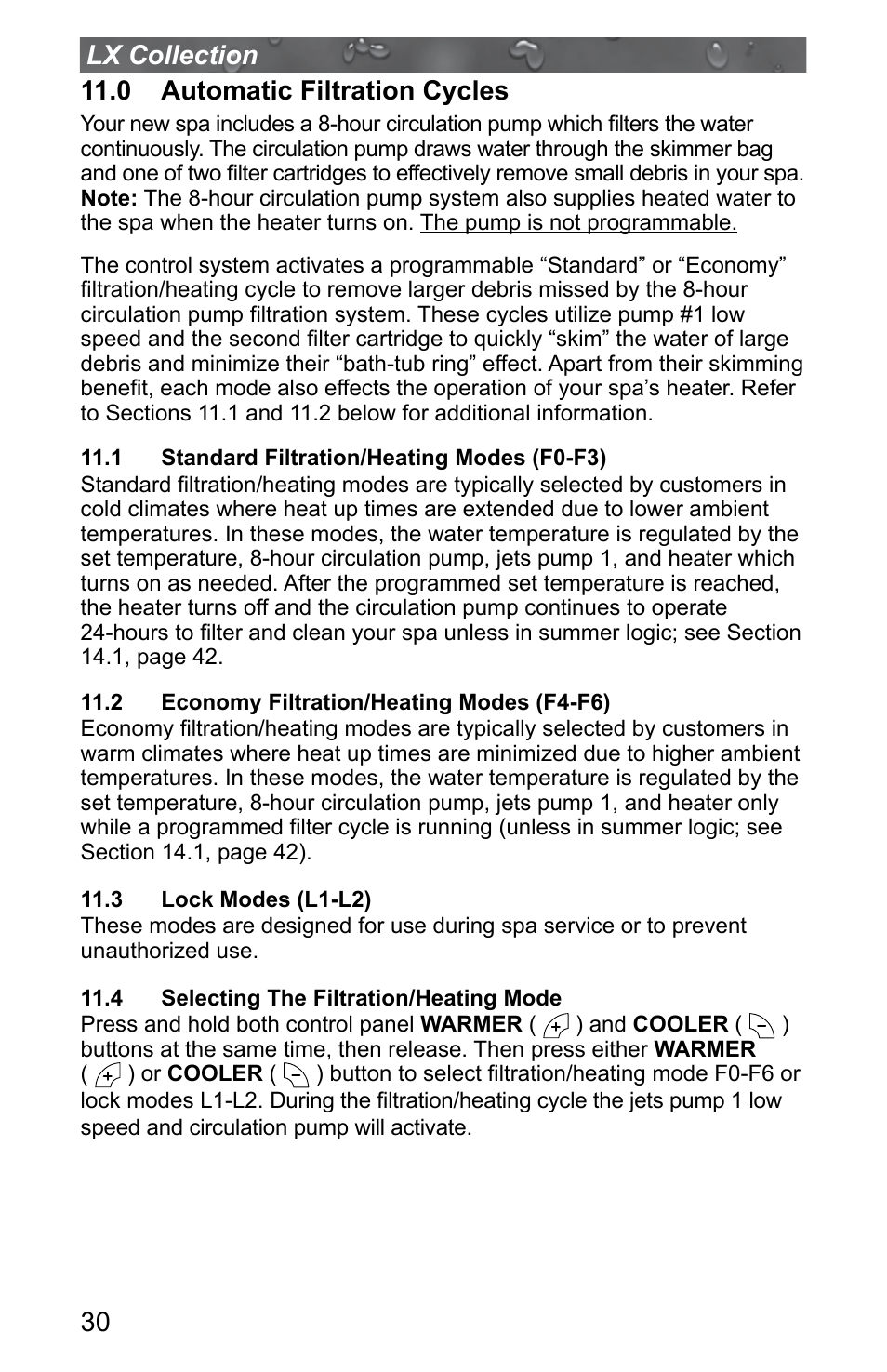 0 automatic filtration cycles, 1 standard filtration/heating modes (f0-f3), 2 economy filtration/heating modes (f4-f6) | 3 lock modes (l1-l2), 4 selecting the filtration/heating mode | Jacuzzi J - LXL User Manual | Page 34 / 68