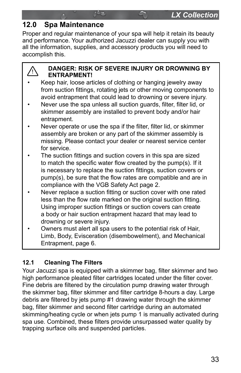 0 spa maintenance, 1 cleaning the filters | Jacuzzi J - LXL User Manual | Page 37 / 68