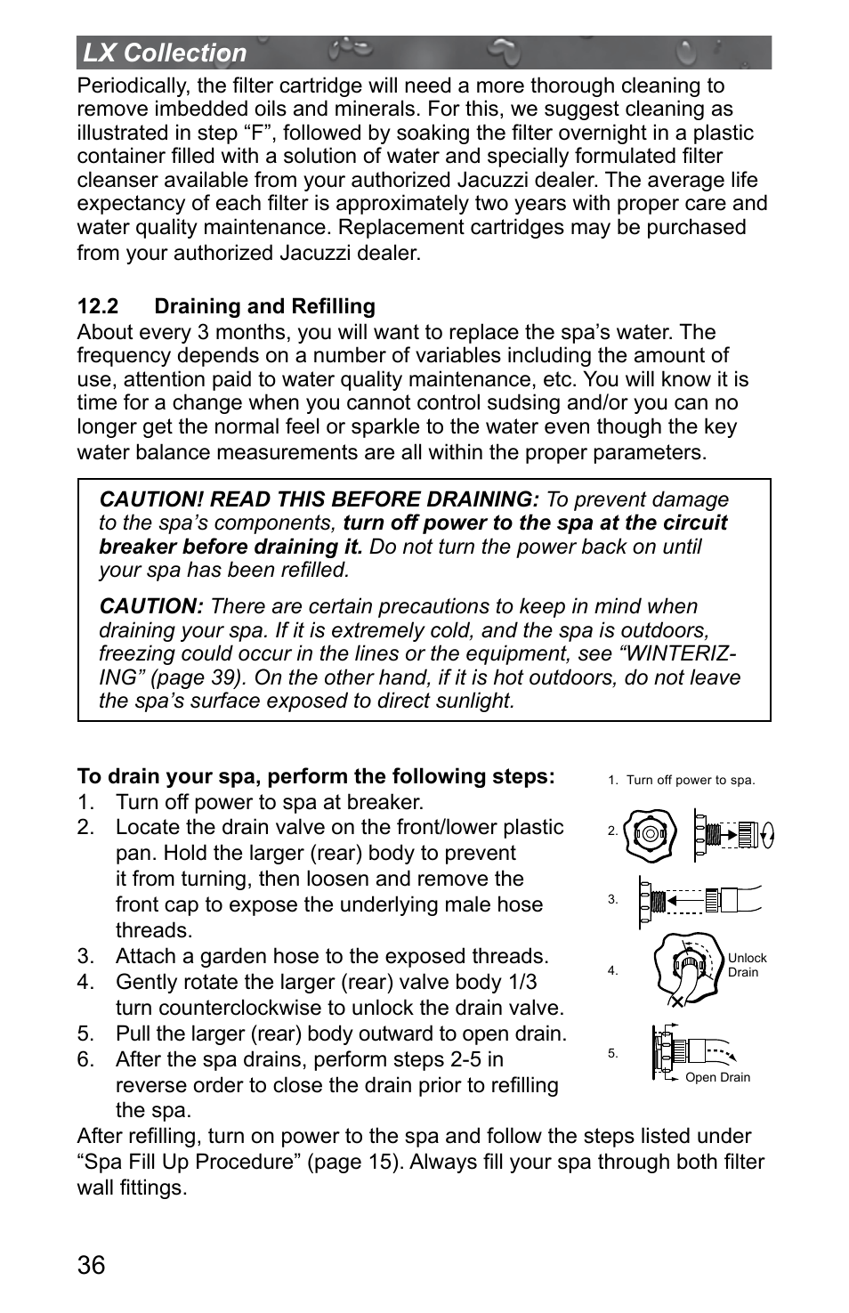 2 draining and refilling, 36 lx collection | Jacuzzi J - LXL User Manual | Page 40 / 68