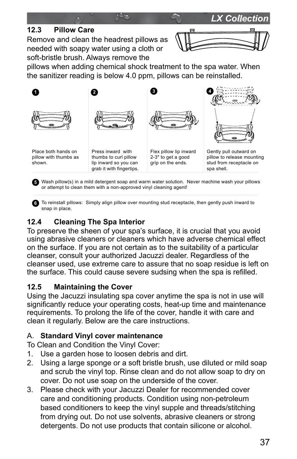 3 pillow care, 4 cleaning the spa interior, 5 maintaining the cover | 37 lx collection | Jacuzzi J - LXL User Manual | Page 41 / 68