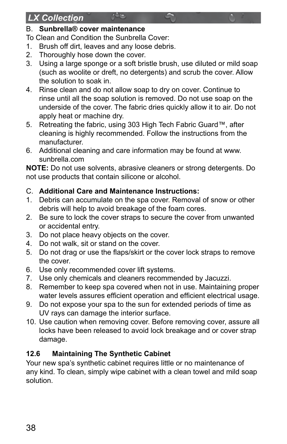 6 maintaining the synthetic cabinet, 38 lx collection | Jacuzzi J - LXL User Manual | Page 42 / 68