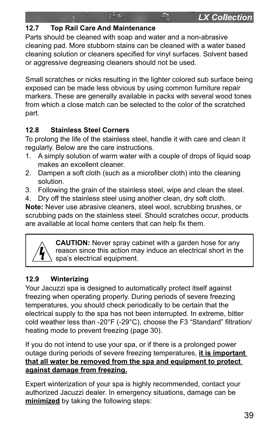 7 top rail care and maintenance, 8 stainless steel corners, 9 winterizing | 39 lx collection | Jacuzzi J - LXL User Manual | Page 43 / 68