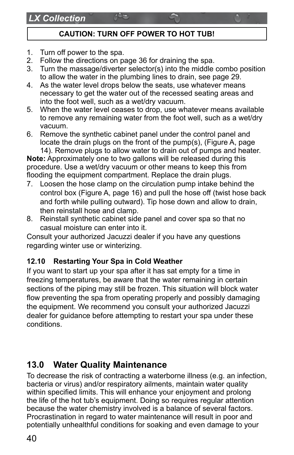 10 restarting your spa in cold weather, 0 water quality maintenance, 40 lx collection | Jacuzzi J - LXL User Manual | Page 44 / 68