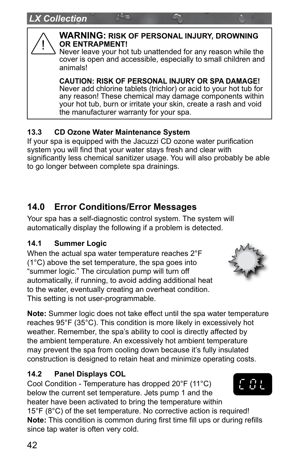 3 cd ozone water maintenance system, 0 error conditions/error messages, 1 summer logic | 2 panel displays col | Jacuzzi J - LXL User Manual | Page 46 / 68