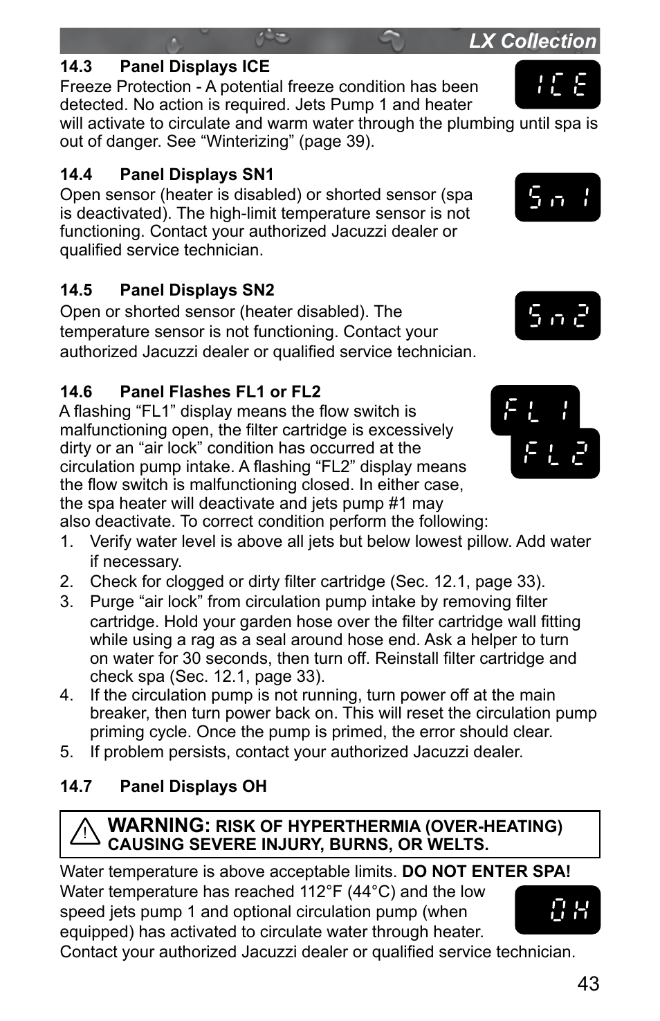 3 panel displays ice, 4 panel displays sn1, 5 panel displays sn2 | 6 panel flashes fl1 or fl2, 7 panel displays oh, 43 lx collection, Warning | Jacuzzi J - LXL User Manual | Page 47 / 68