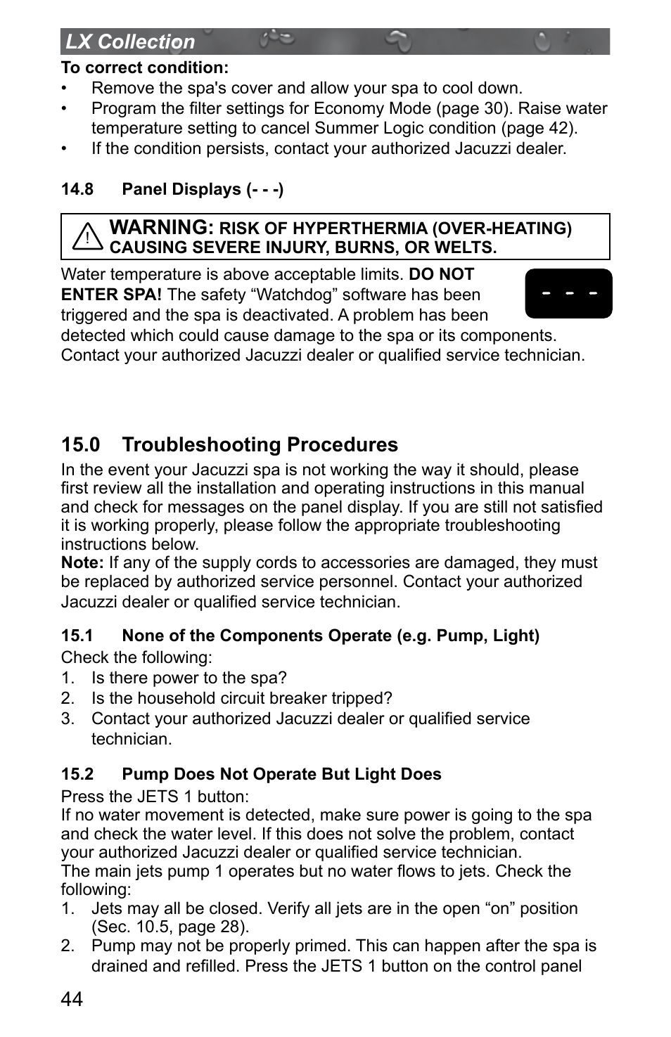 8 panel displays (- - -), 0 troubleshooting procedures, 2 pump does not operate but light does | 44 lx collection, Warning | Jacuzzi J - LXL User Manual | Page 48 / 68