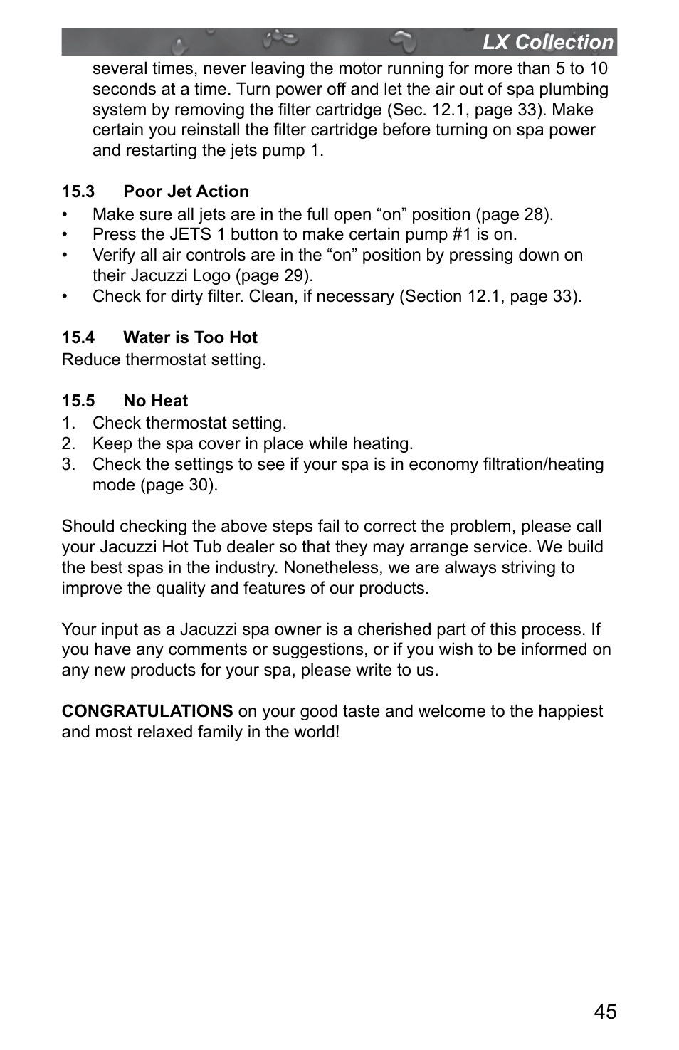 3 poor jet action, 4 water is too hot, 5 no heat | 45 lx collection | Jacuzzi J - LXL User Manual | Page 49 / 68