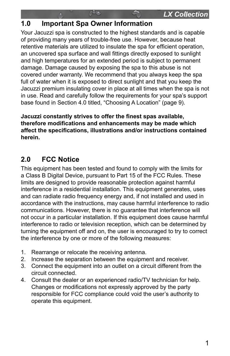 0 important spa owner information, 0 fcc notice, 1lx collection 1.0 important spa owner information | Jacuzzi J - LXL User Manual | Page 5 / 68