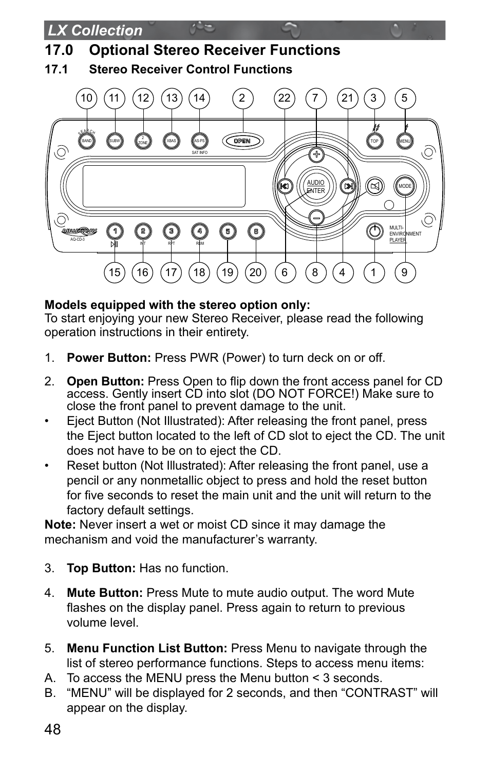 0 optional stereo receiver functions, 1 stereo receiver control functions | Jacuzzi J - LXL User Manual | Page 52 / 68