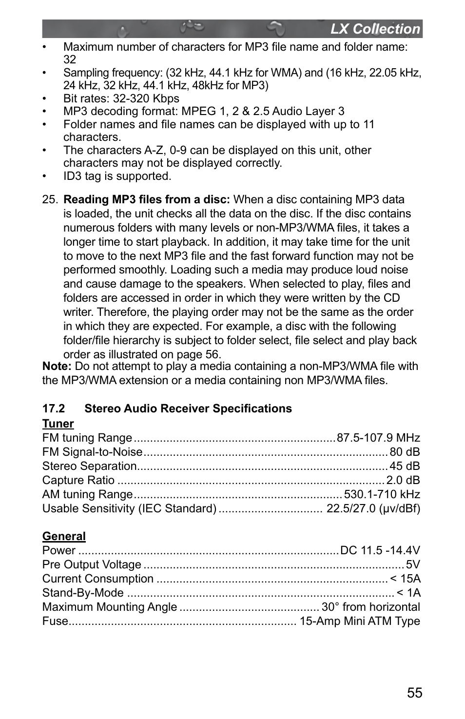 2 stereo audio receiver specifications, 55 lx collection | Jacuzzi J - LXL User Manual | Page 59 / 68