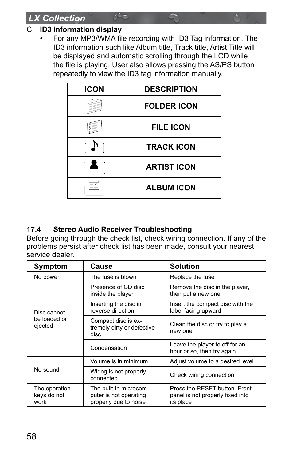 4 stereo audio receiver troubleshooting, 58 lx collection | Jacuzzi J - LXL User Manual | Page 62 / 68