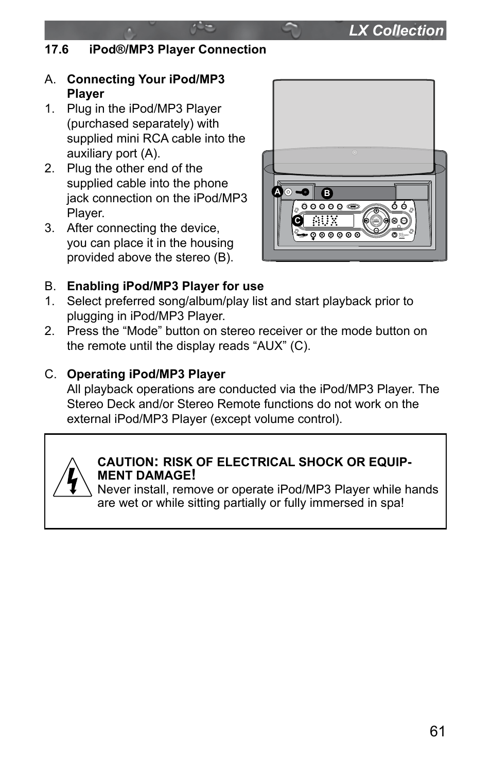 6 ipod®/mp3 player connection, 61 lx collection, Risk of electrical shock or equip- ment damage | Jacuzzi J - LXL User Manual | Page 65 / 68