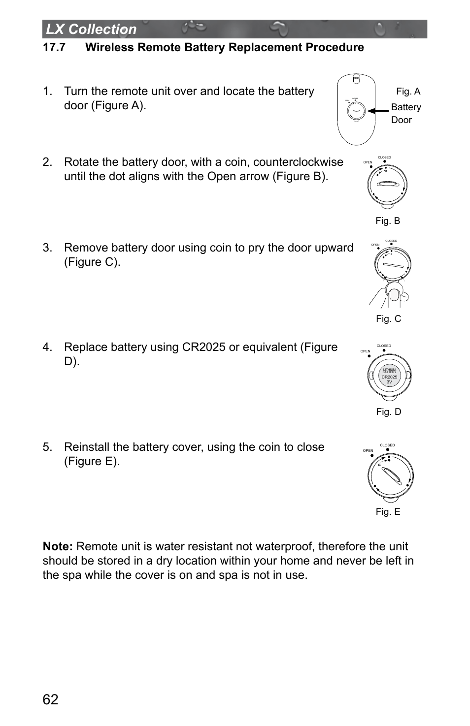7 wireless remote battery replacement procedure, 62 lx collection | Jacuzzi J - LXL User Manual | Page 66 / 68