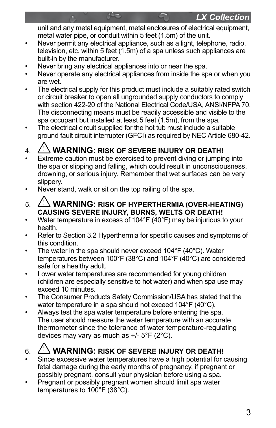 3lx collection, Warning | Jacuzzi J - LXL User Manual | Page 7 / 68