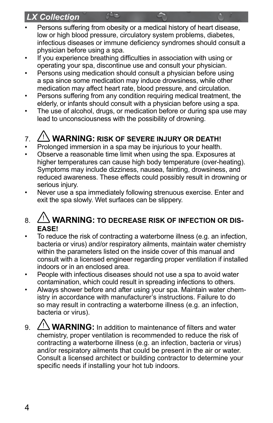 4lx collection, Warning | Jacuzzi J - LXL User Manual | Page 8 / 68