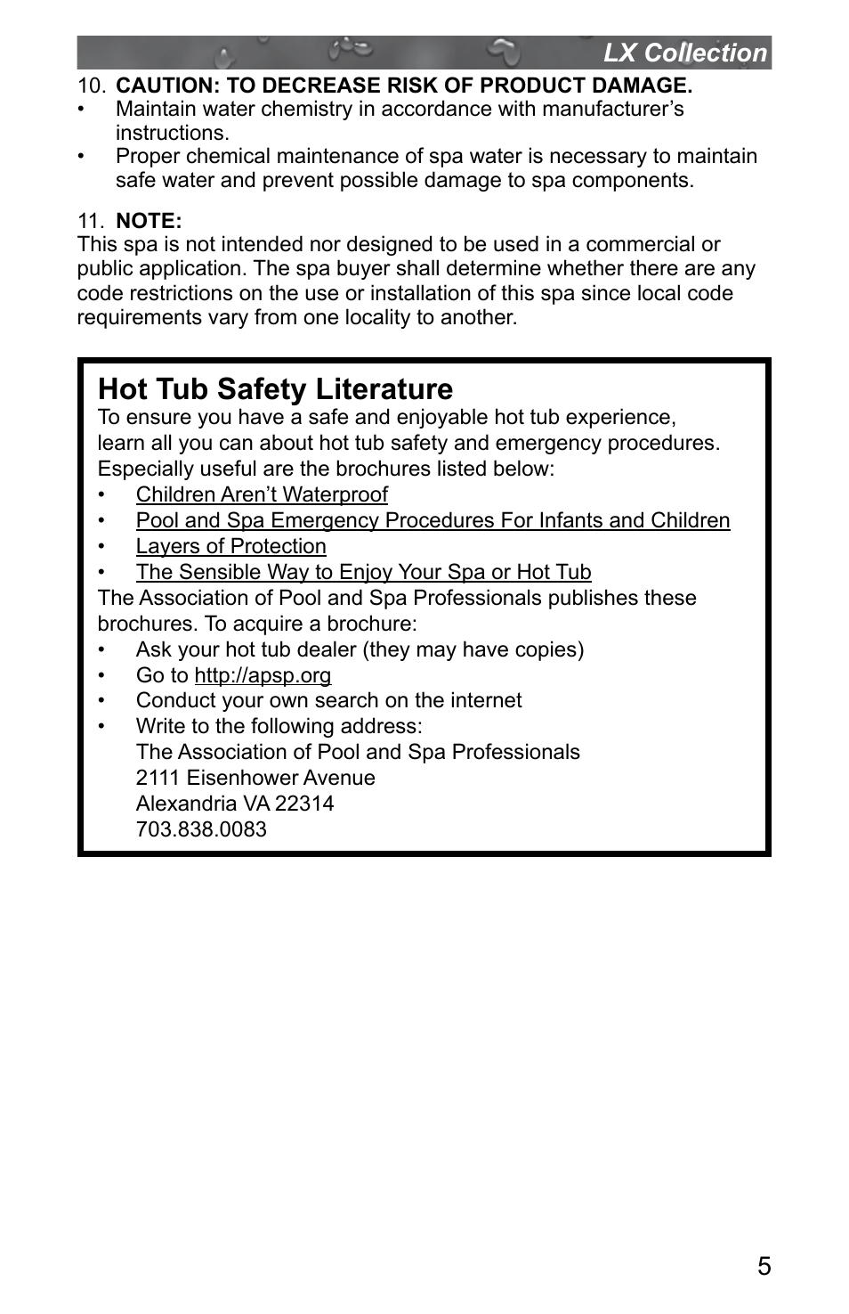 Hot tub safety literature, 5lx collection | Jacuzzi J - LXL User Manual | Page 9 / 68