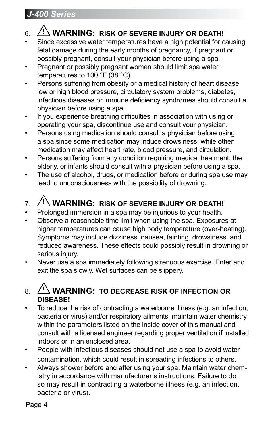 J-400 series, Warning | Jacuzzi J - 470 User Manual | Page 10 / 104