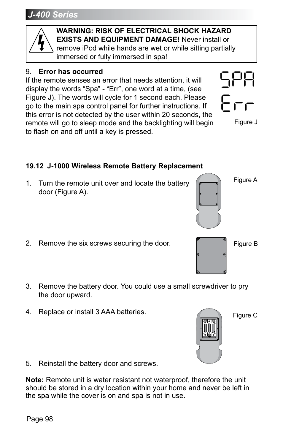 12 j-1000 wireless remote battery replacement, J-400 series | Jacuzzi J - 470 User Manual | Page 104 / 104