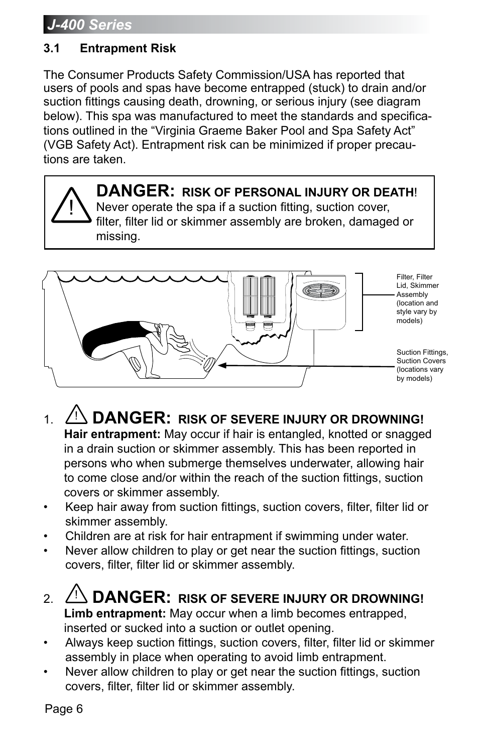 1 entrapment risk, Entrapment risk, Danger | Jacuzzi J - 470 User Manual | Page 12 / 104